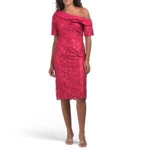 JS COLLECTIONS Cerise Short Sleeve One Shoulder Sheath Dress